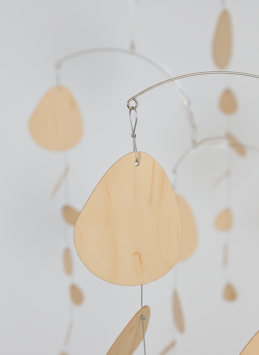 Wooden leaf-shaped mobile hanging against a light background