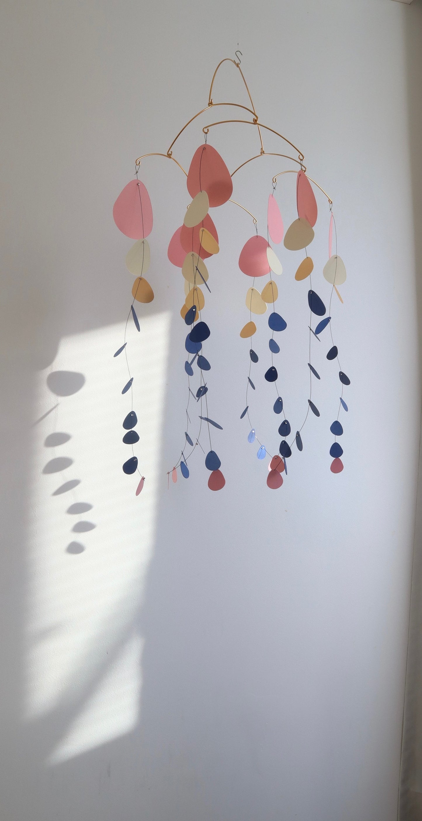 N.20 Pink - Cream & Blue.  Kinetic Mobile with Golden Aluminium Structure